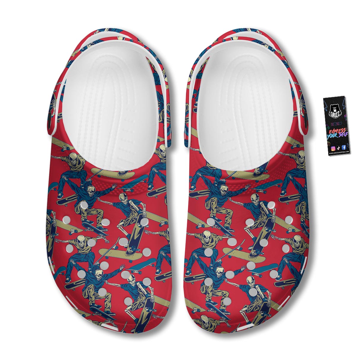 Skeleton Skateboarding Print Pattern Clog-grizzshop