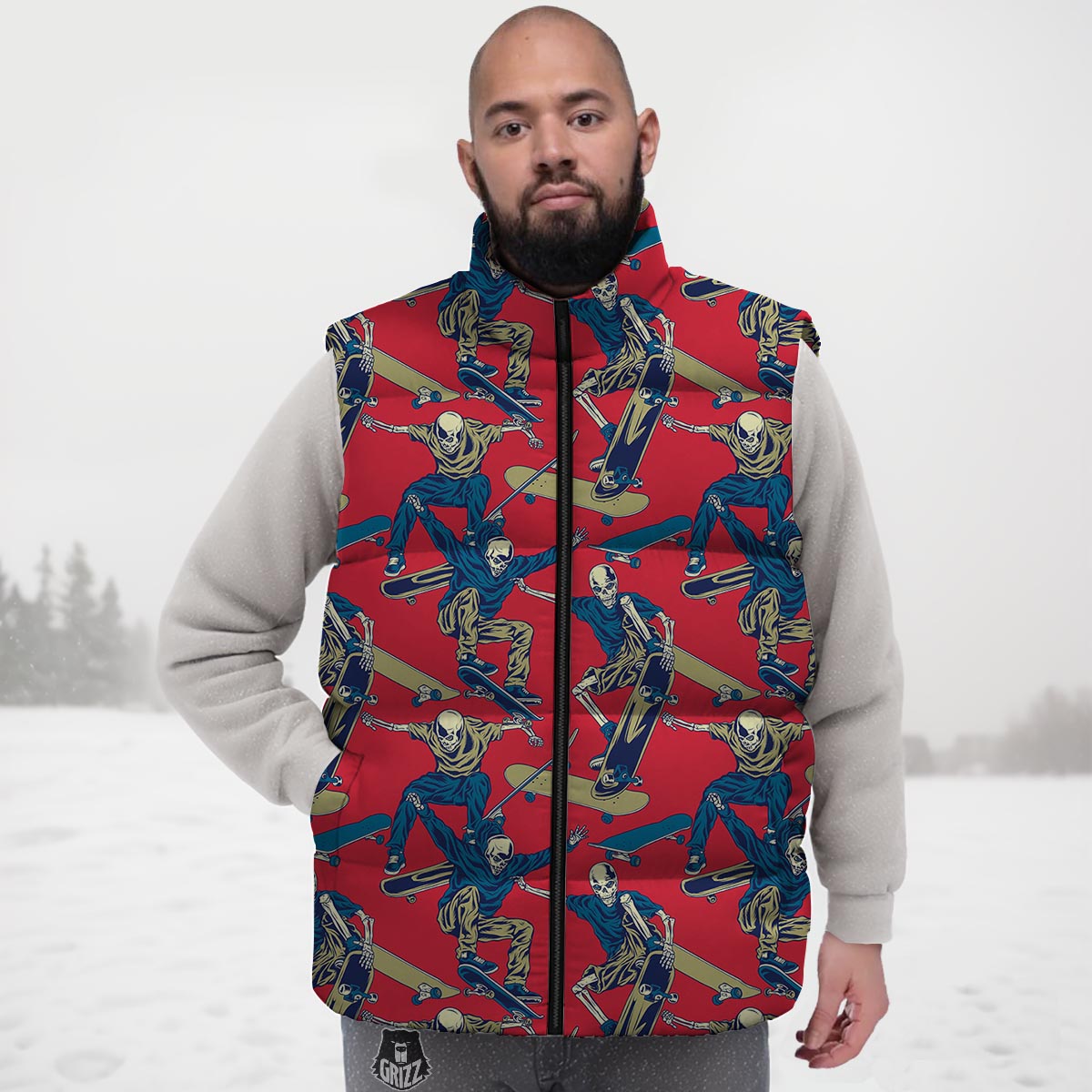 Skeleton Skateboarding Print Pattern Down Vest