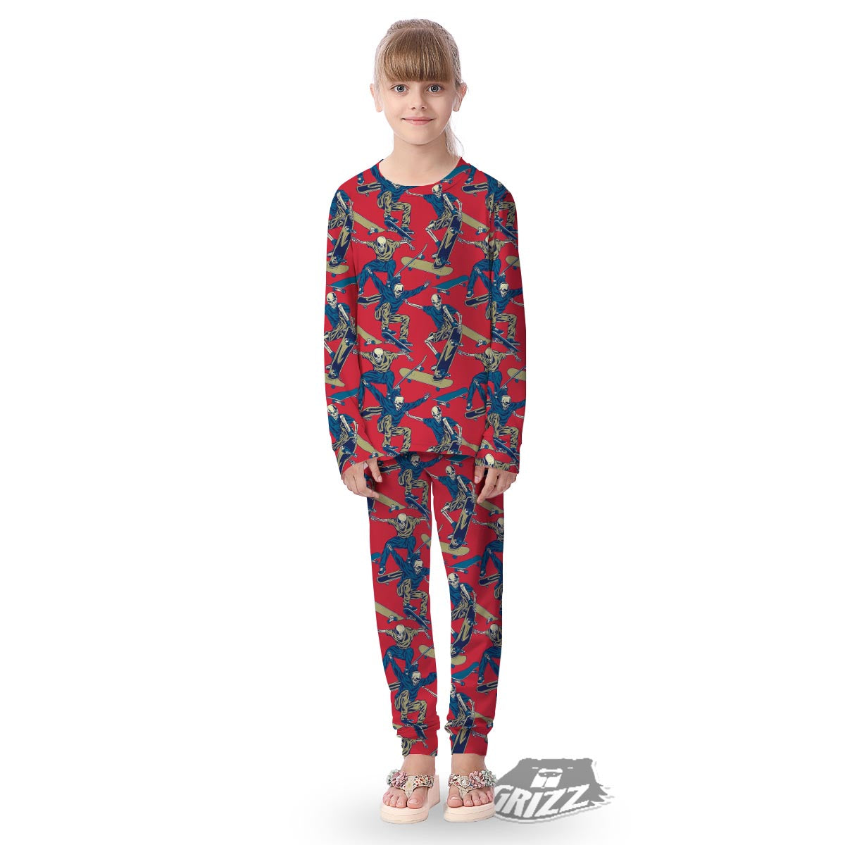 Skeleton Skateboarding Print Pattern Kid's Pajamas-grizzshop