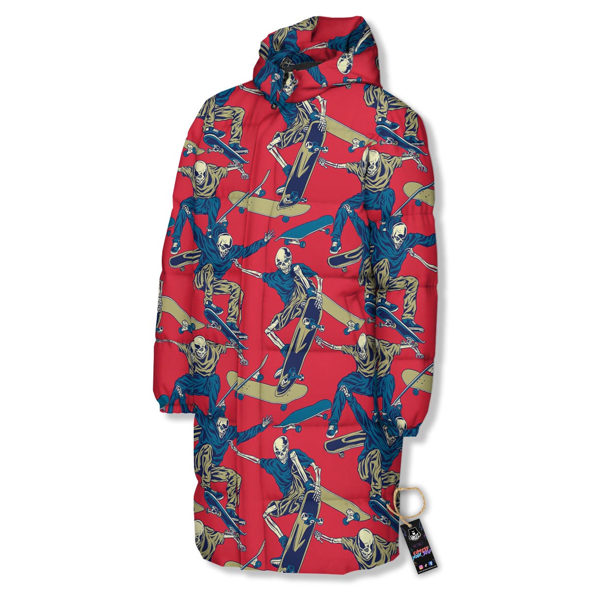 Skeleton Skateboarding Print Pattern Long Down Jacket-grizzshop