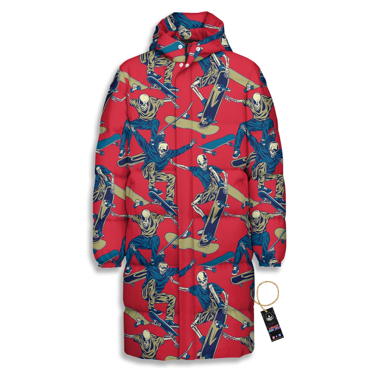Skeleton Skateboarding Print Pattern Long Down Jacket-grizzshop