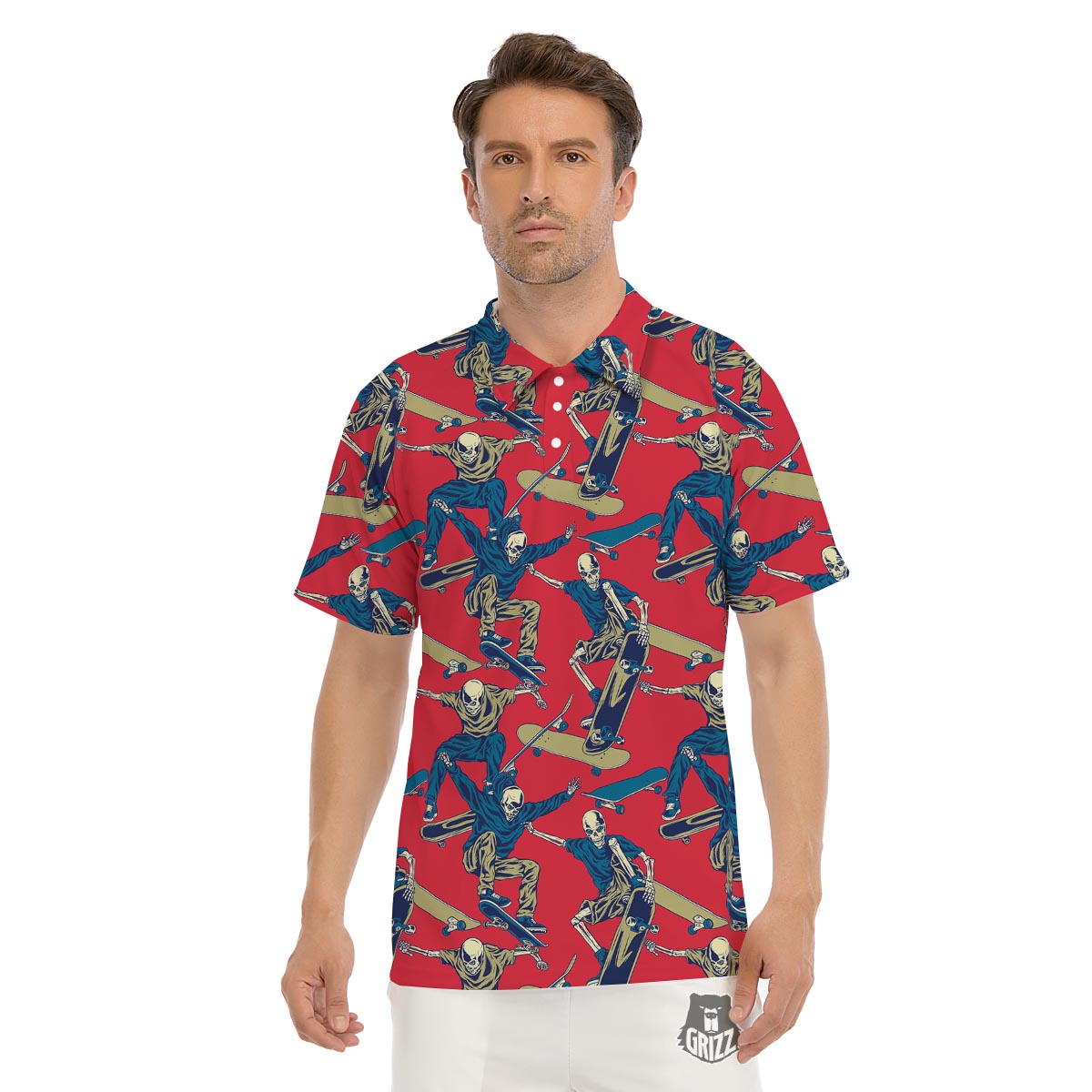 Skeleton Skateboarding Print Pattern Men's Golf Shirts-grizzshop