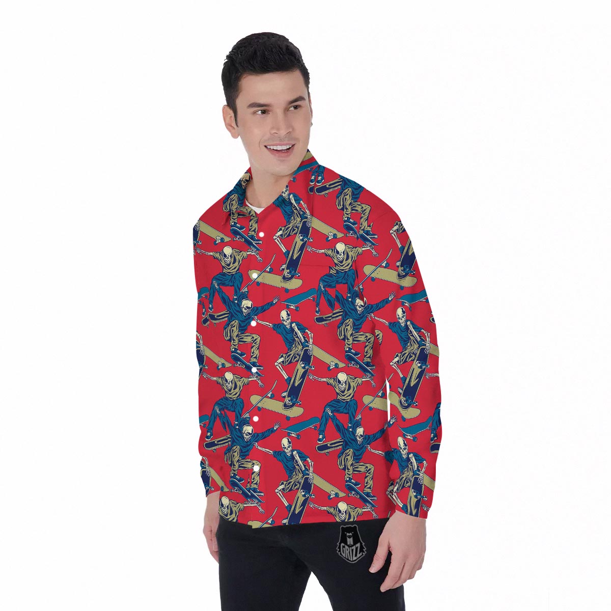 Skeleton Skateboarding Print Pattern Men's Long Sleeve Shirts-grizzshop