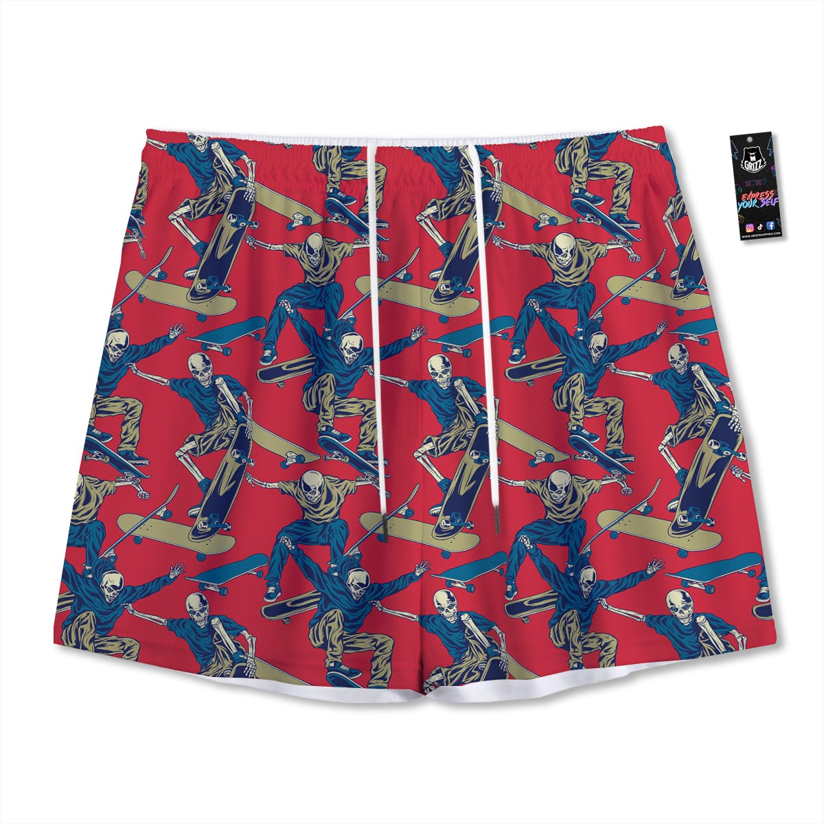 Skeleton Skateboarding Print Pattern Mesh Shorts