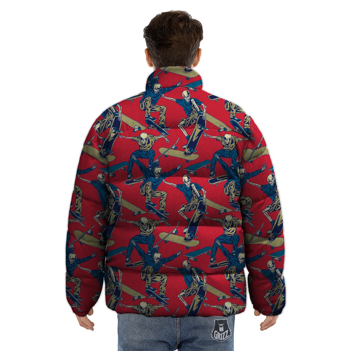 Skeleton Skateboarding Print Pattern Puffer Jacket-grizzshop