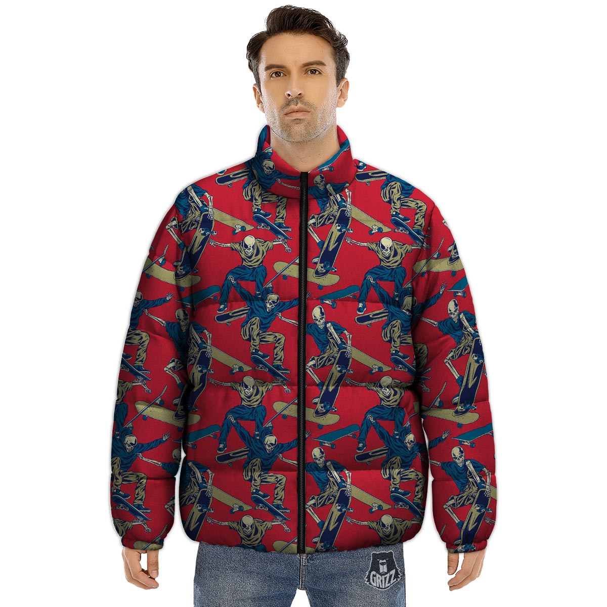 Skeleton Skateboarding Print Pattern Puffer Jacket-grizzshop