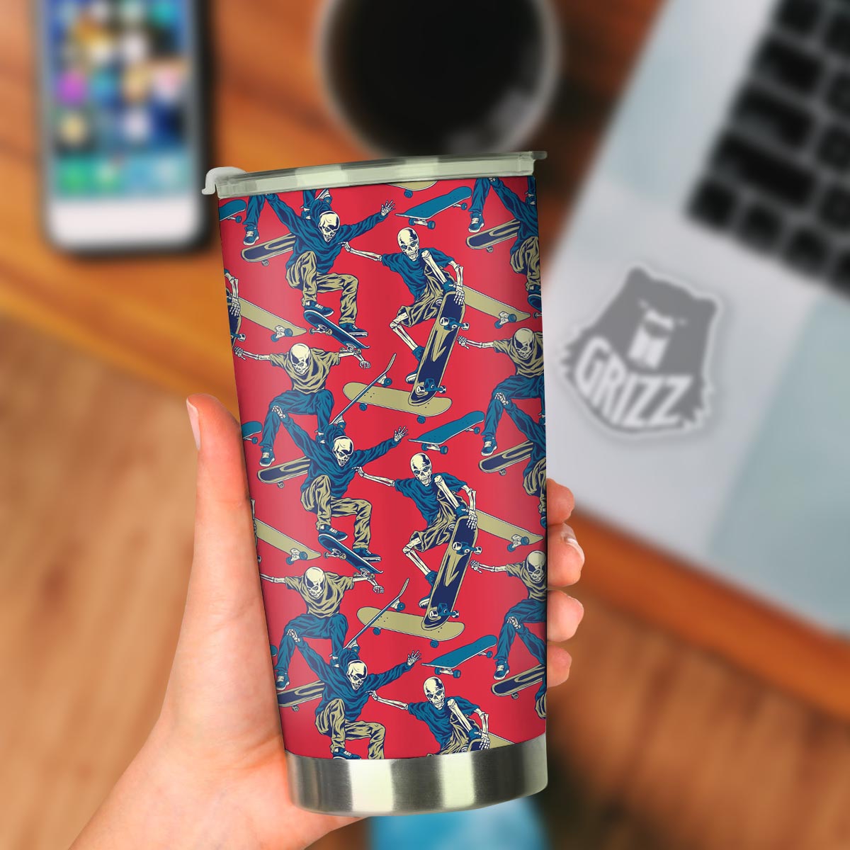 Skeleton Skateboarding Print Pattern Tumbler-grizzshop