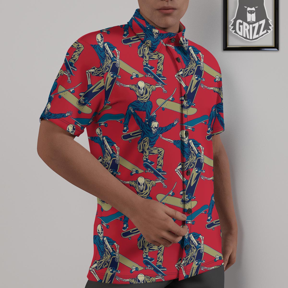 Skeleton Skateboarding Print Pattern Untucked Shirts-grizzshop