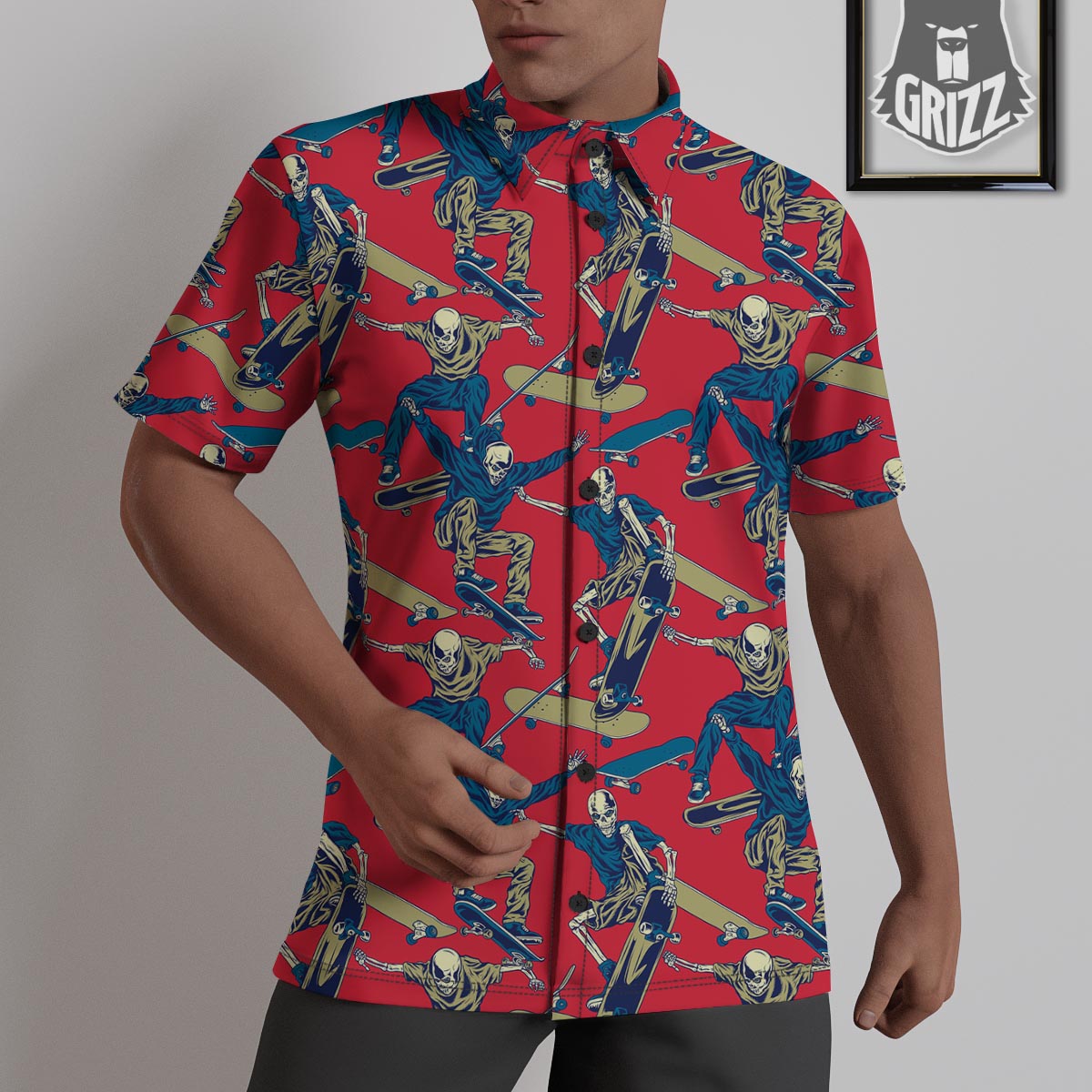 Skeleton Skateboarding Print Pattern Untucked Shirts-grizzshop