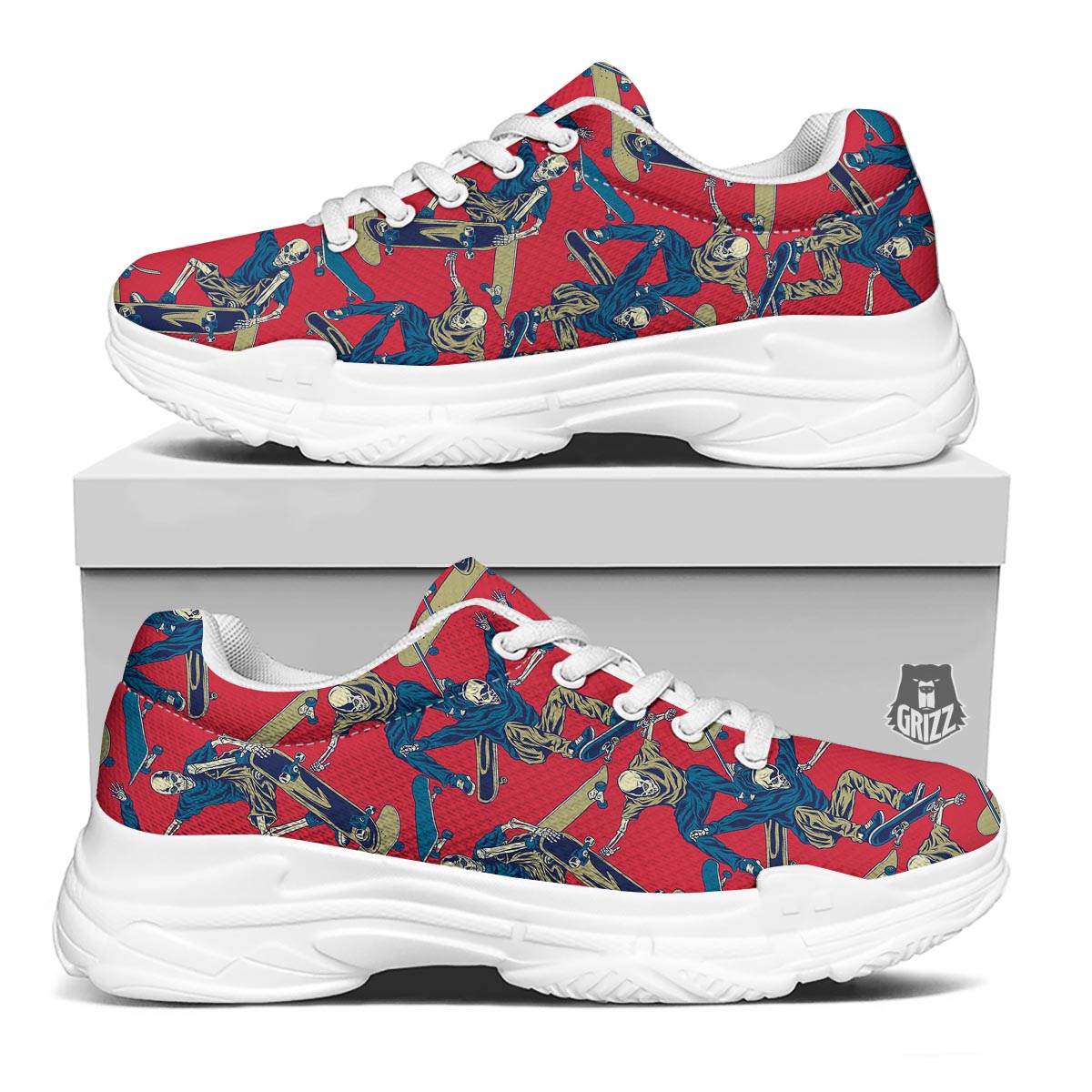 Skeleton Skateboarding Print Pattern White Chunky Shoes-grizzshop