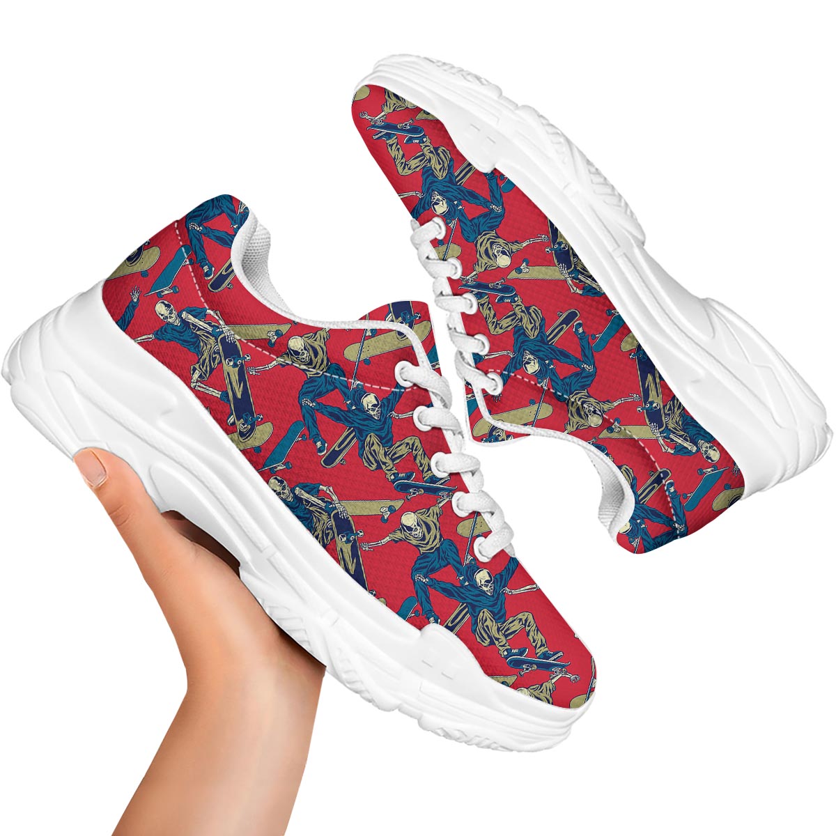 Skeleton Skateboarding Print Pattern White Chunky Shoes-grizzshop