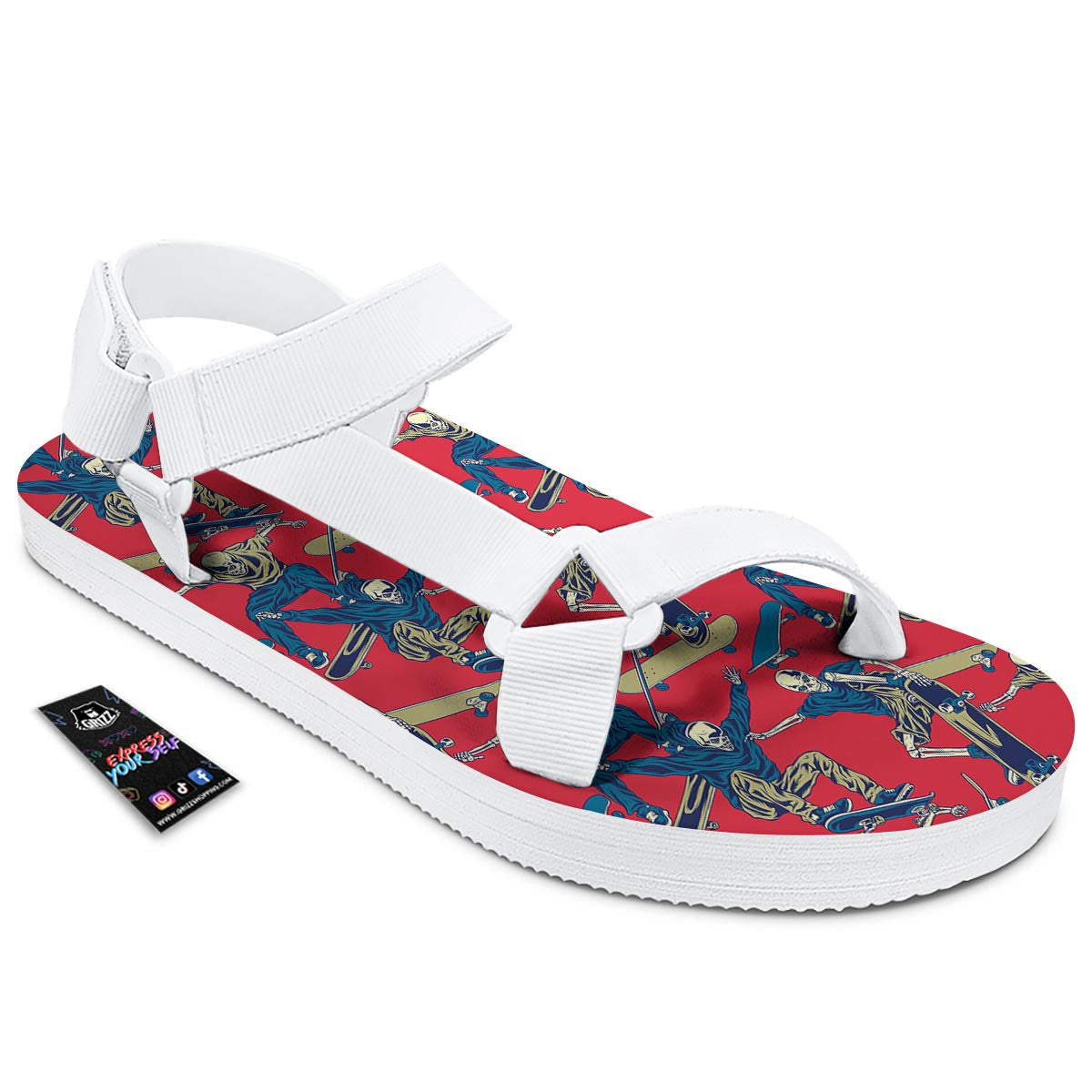 Skeleton Skateboarding Print Pattern White Open Toe Sandals-grizzshop