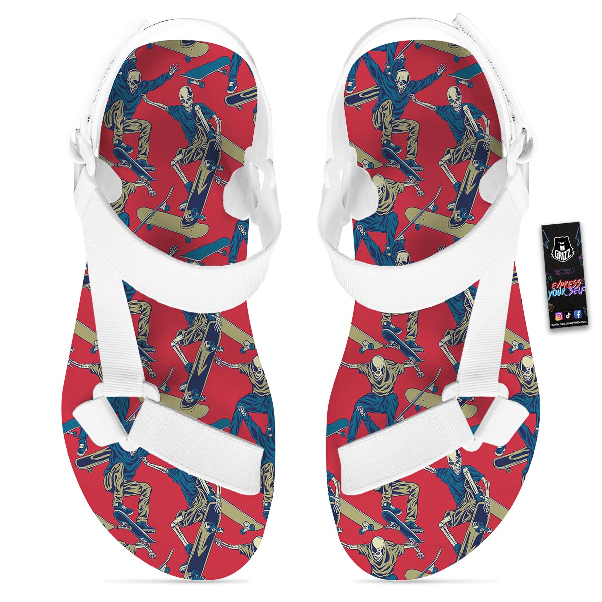 Skeleton Skateboarding Print Pattern White Open Toe Sandals-grizzshop
