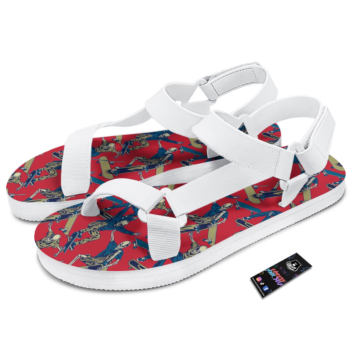Skeleton Skateboarding Print Pattern White Open Toe Sandals-grizzshop