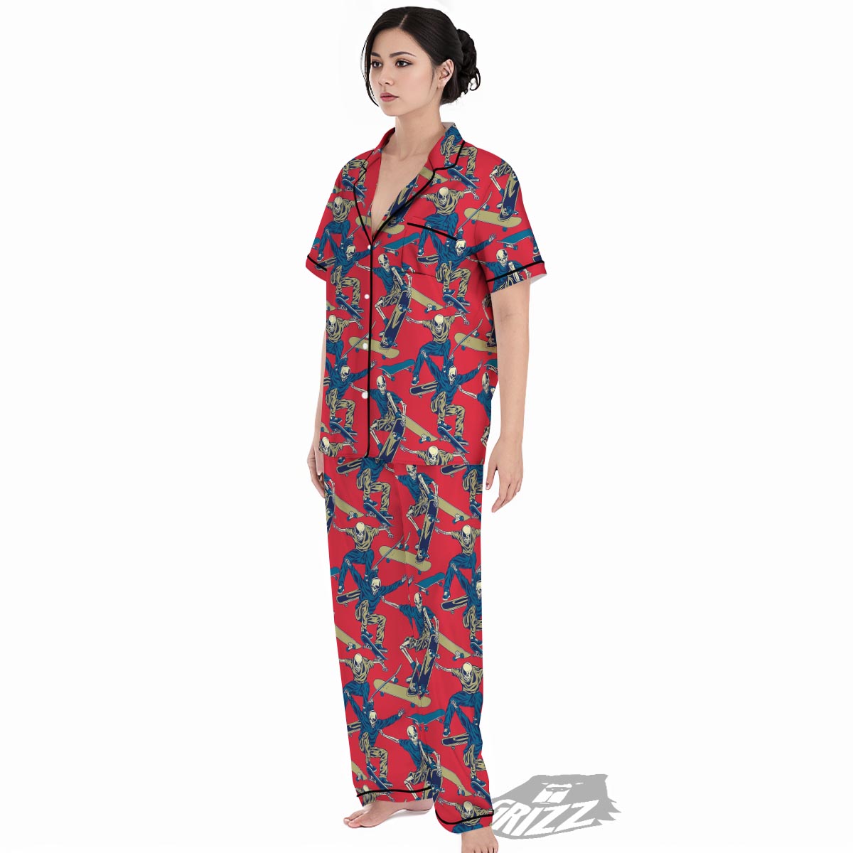 Skeleton Skateboarding Print Pattern Women's Pajamas Set-grizzshop