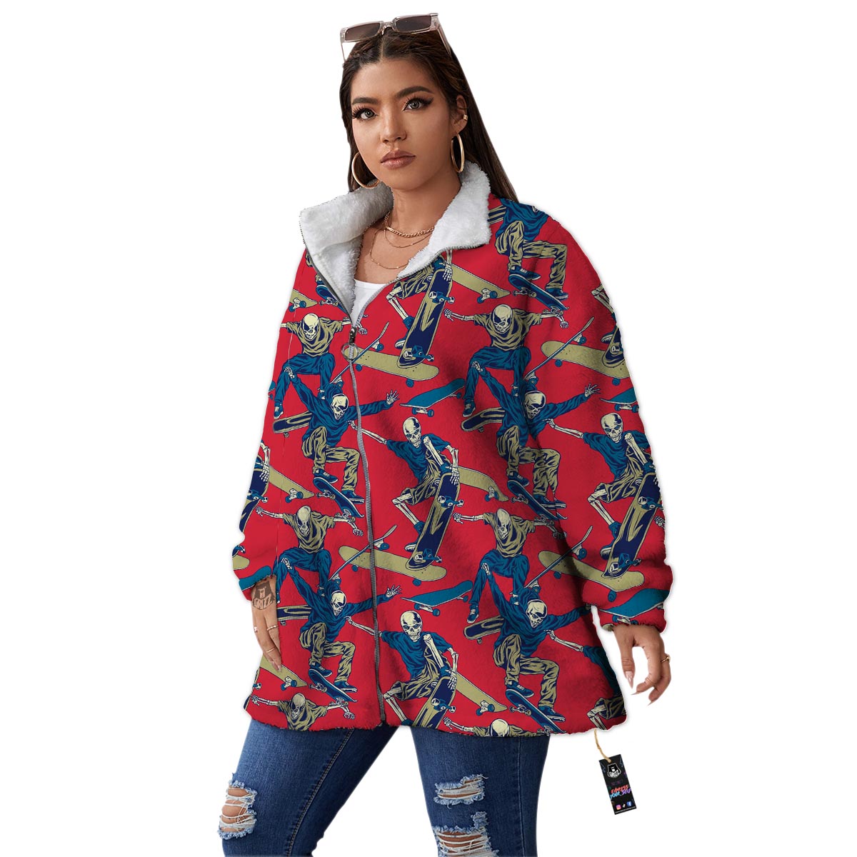 Skeleton Skateboarding Print Pattern Women's Sherpa Jacket-grizzshop