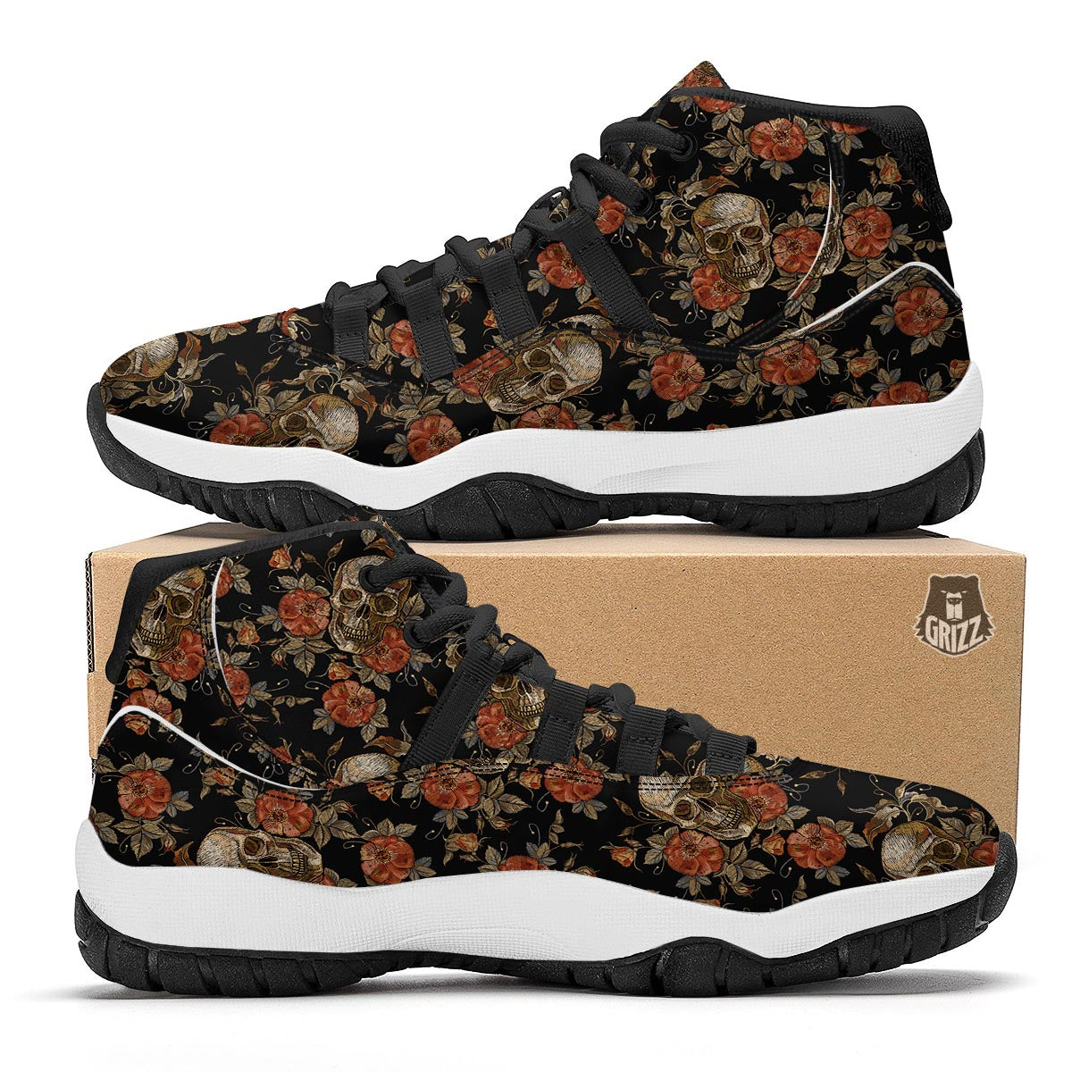 Skeleton Sugar Skull Girly Floral Rose Pattern Print Black Bball Shoes-grizzshop