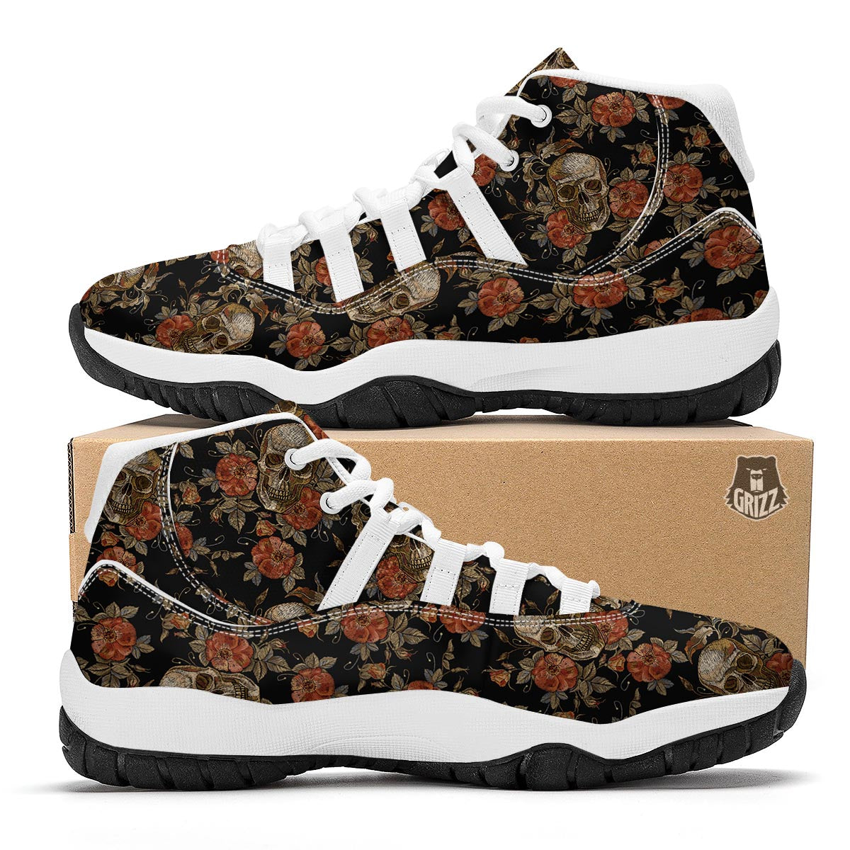 Skeleton Sugar Skull Girly Floral Rose Pattern Print White Bball Shoes-grizzshop