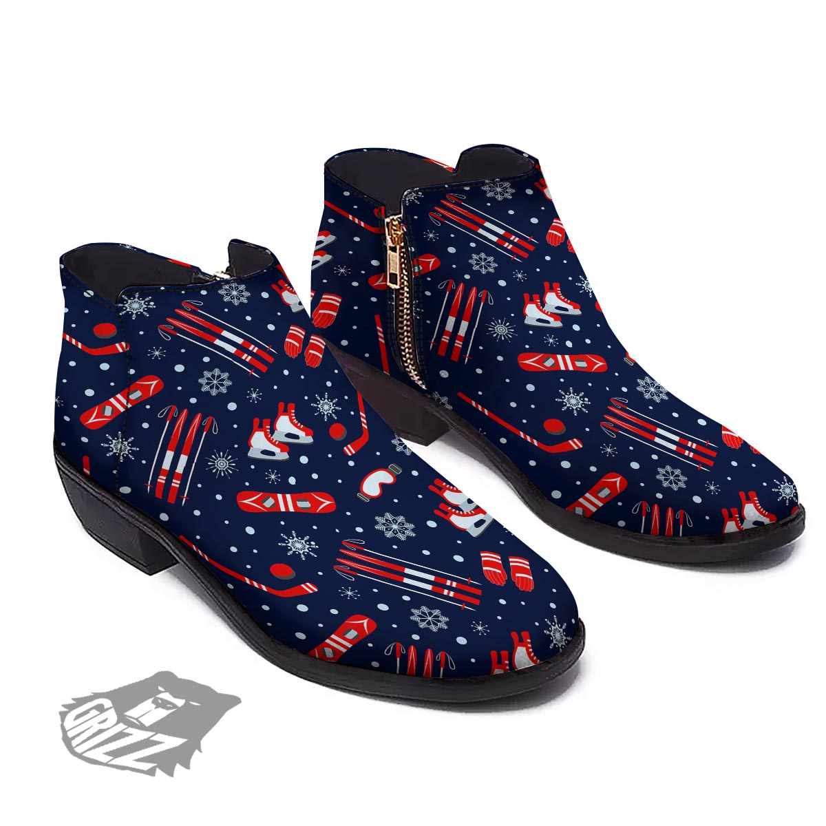 Skiing Equipment Print Pattern Ankle Boots-grizzshop