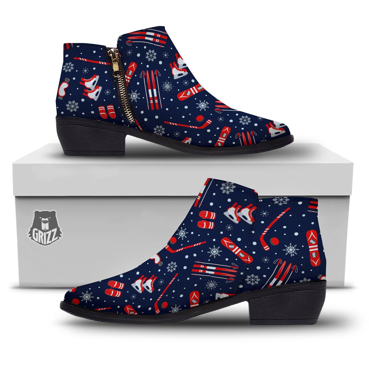 Skiing Equipment Print Pattern Ankle Boots-grizzshop