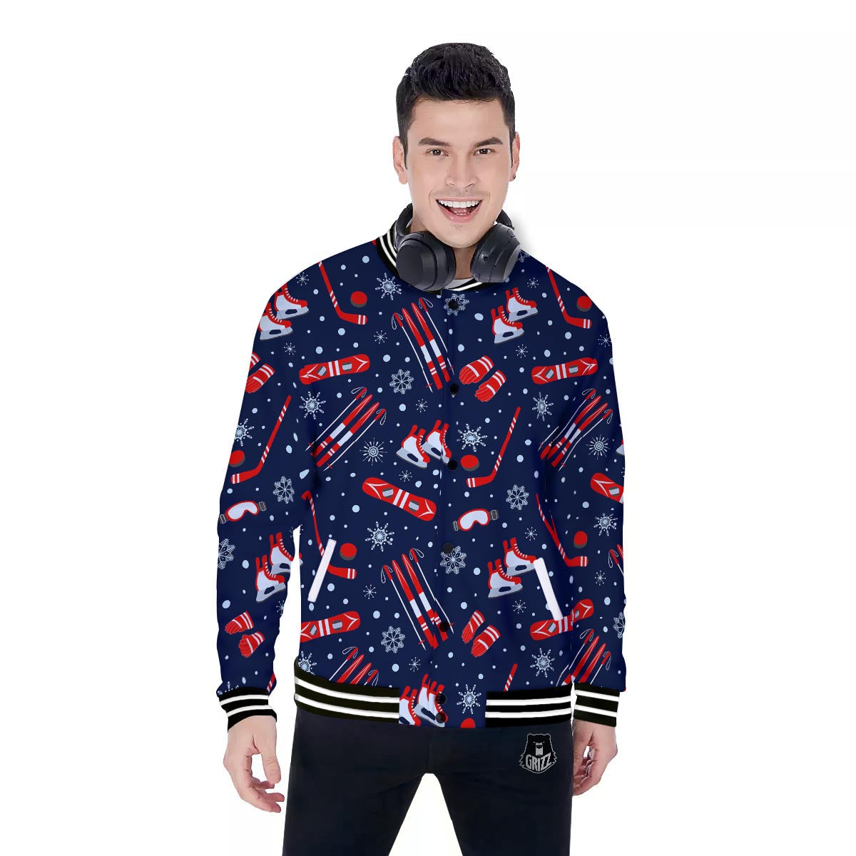 Skiing Equipment Print Pattern Baseball Jacket-grizzshop