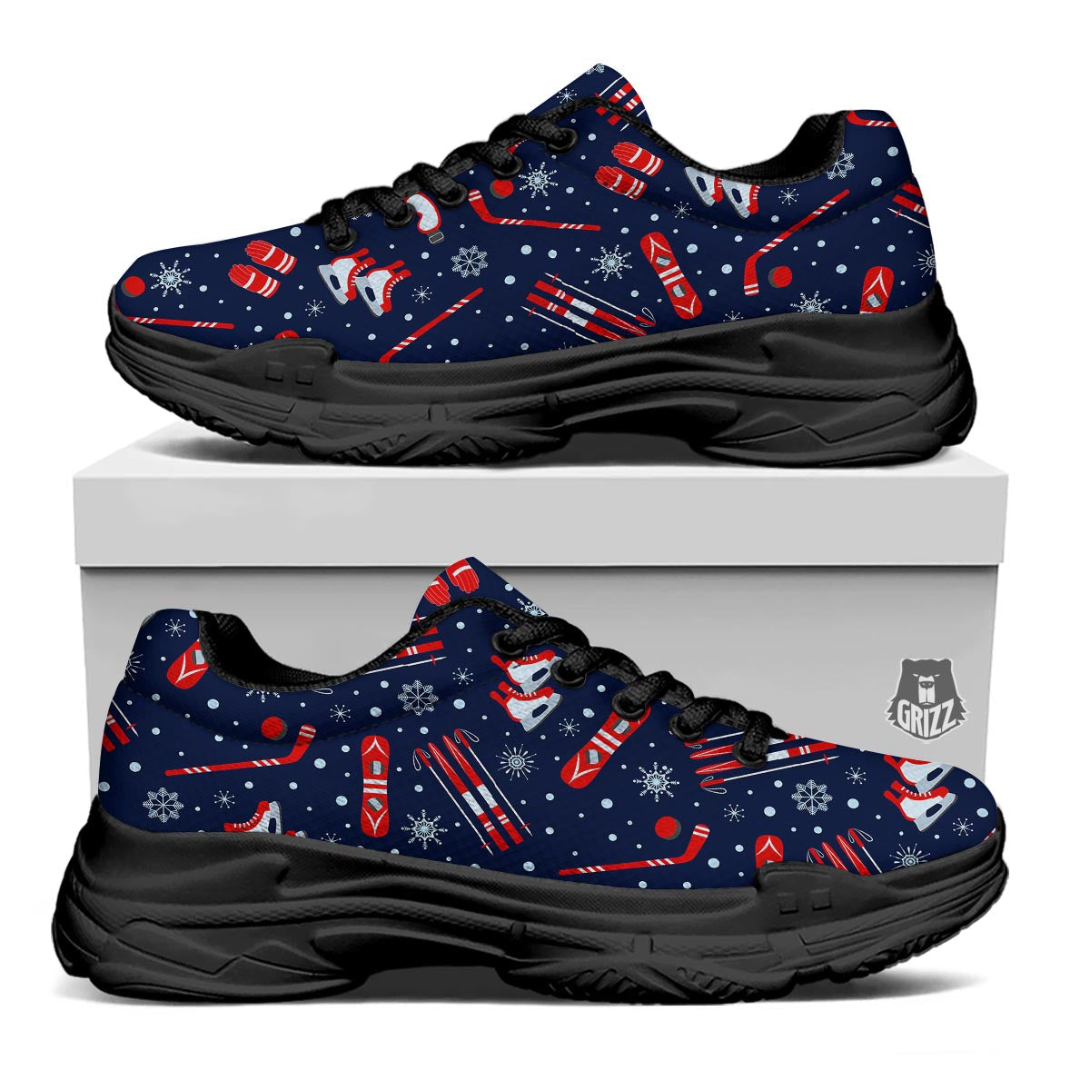 Skiing Equipment Print Pattern Black Chunky Shoes-grizzshop