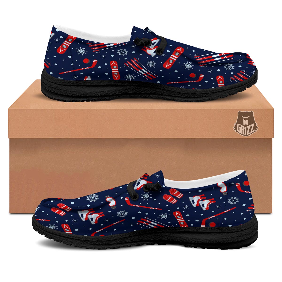 Skiing Equipment Print Pattern Black Loafers-grizzshop
