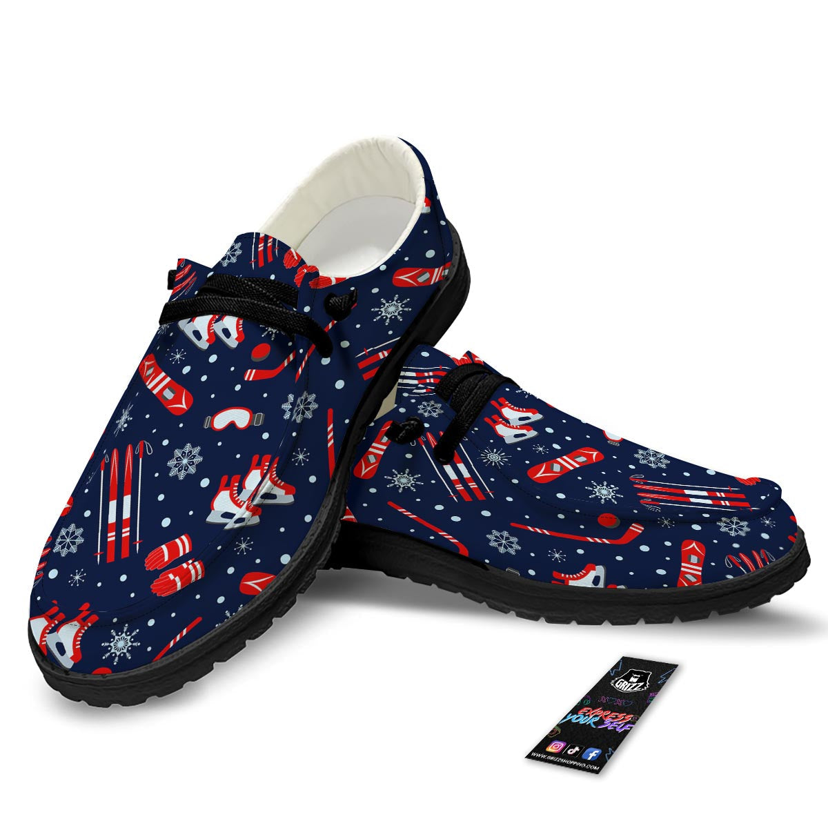 Skiing Equipment Print Pattern Black Loafers-grizzshop