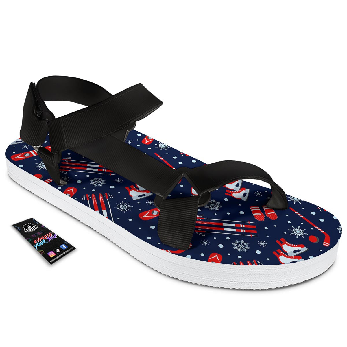 Skiing Equipment Print Pattern Black Open Toe Sandals-grizzshop