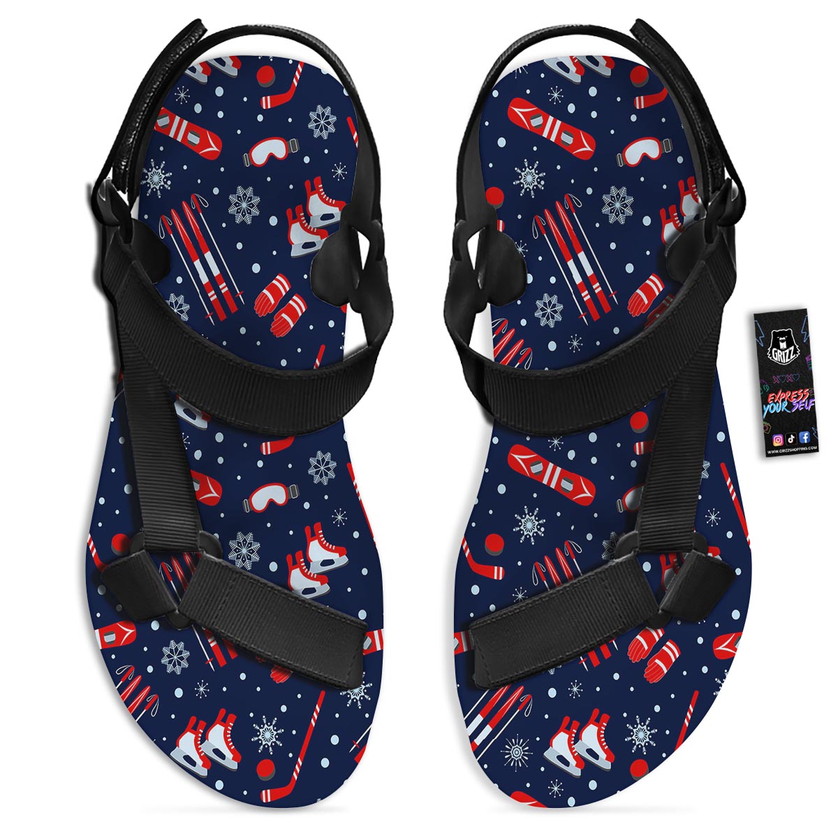 Skiing Equipment Print Pattern Black Open Toe Sandals-grizzshop