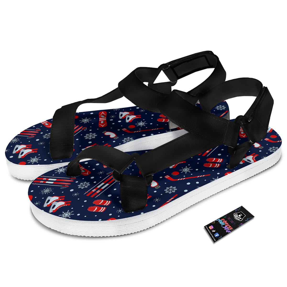 Skiing Equipment Print Pattern Black Open Toe Sandals-grizzshop