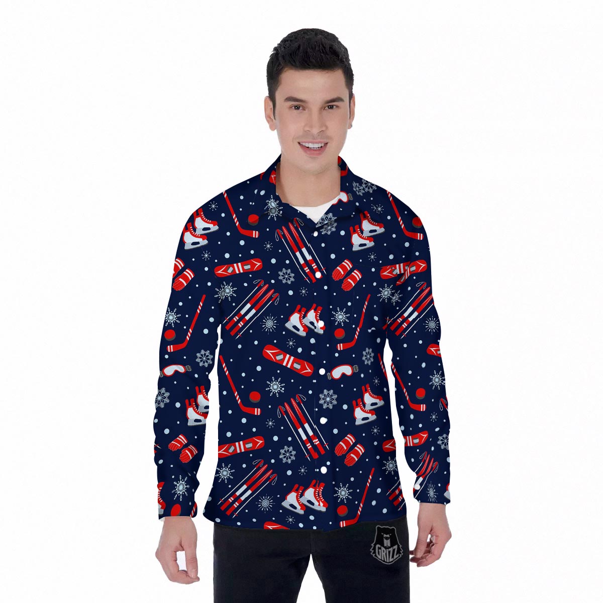 Skiing Equipment Print Pattern Men's Long Sleeve Shirts-grizzshop