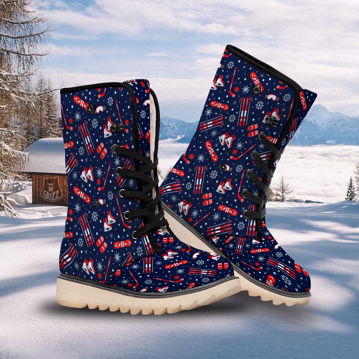 Skiing Equipment Print Pattern Snow Boots-grizzshop