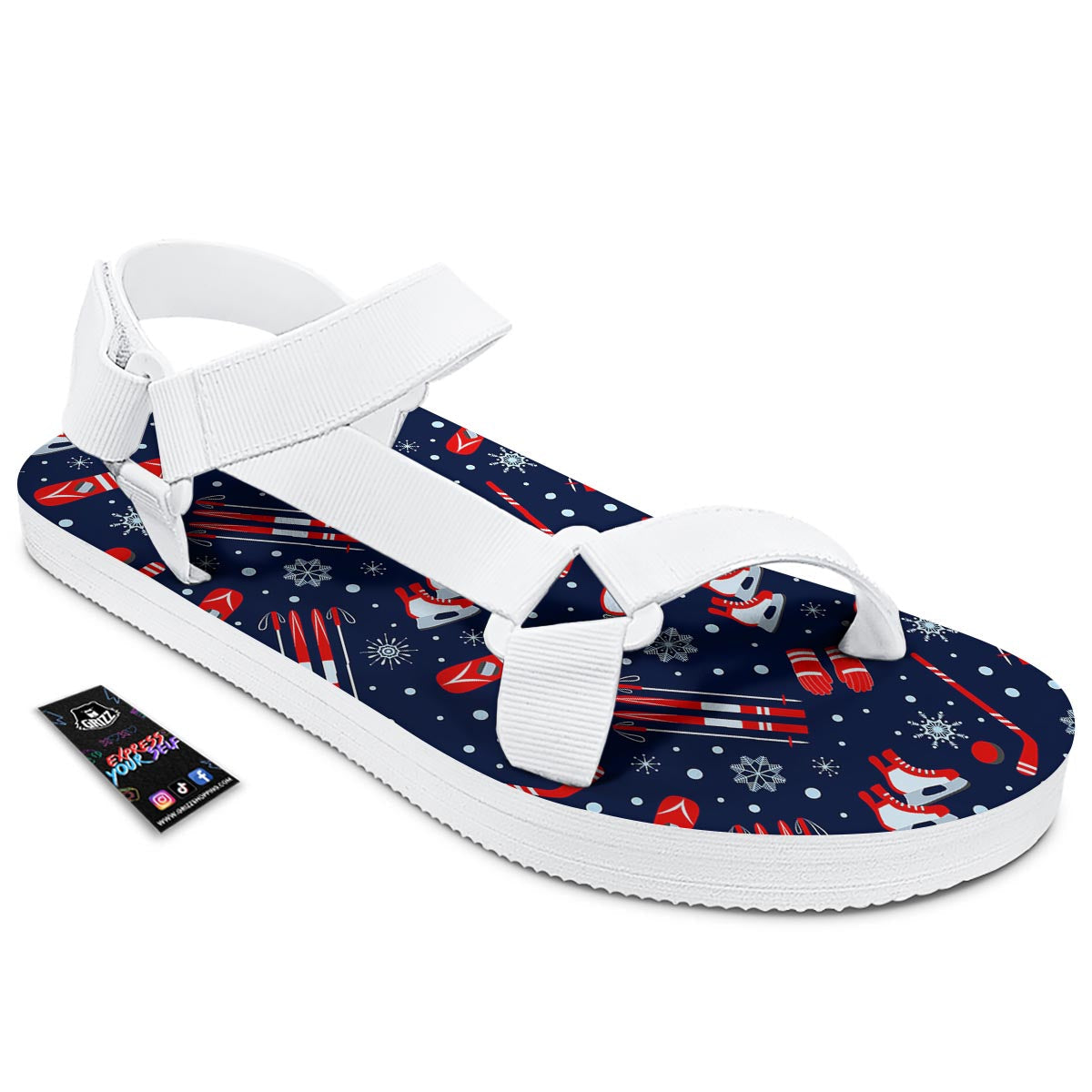 Skiing Equipment Print Pattern White Open Toe Sandals-grizzshop