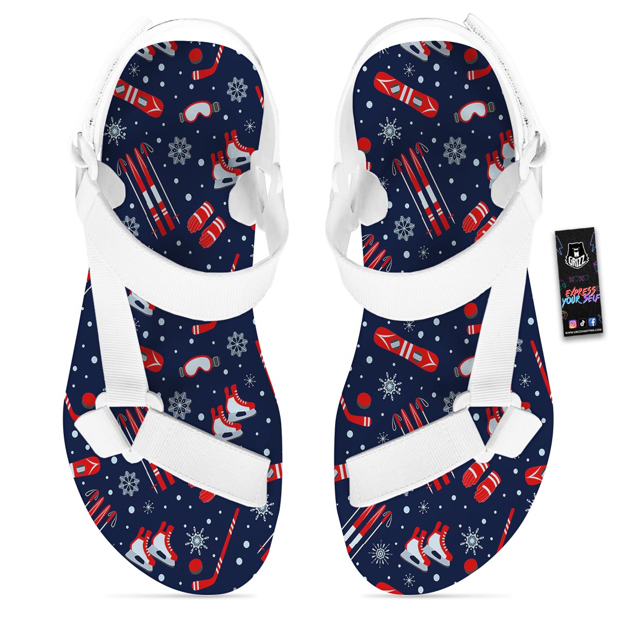 Skiing Equipment Print Pattern White Open Toe Sandals-grizzshop