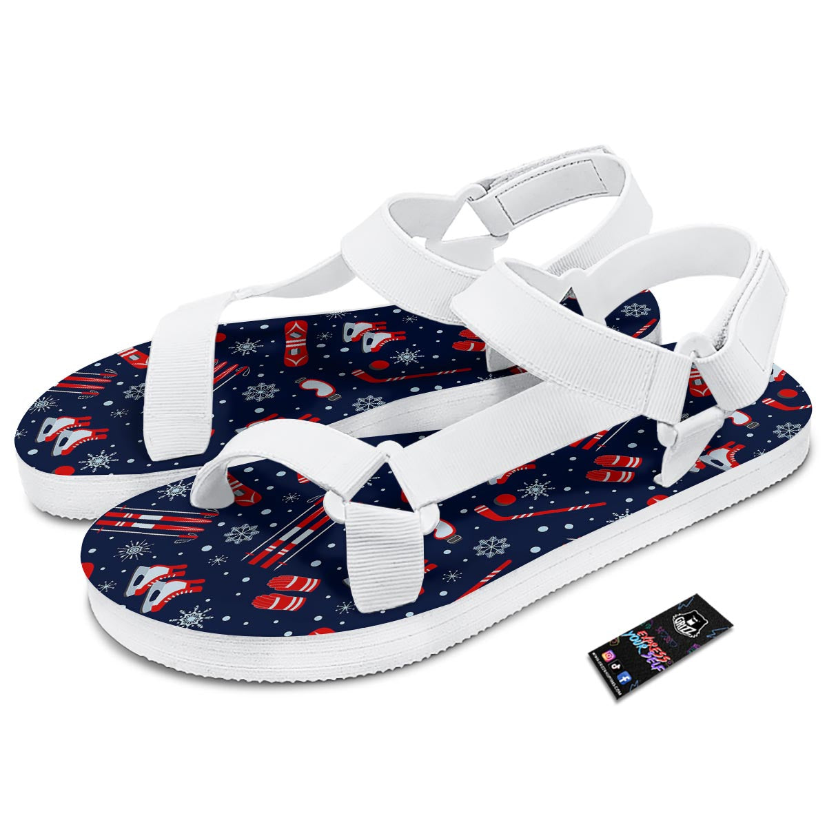 Skiing Equipment Print Pattern White Open Toe Sandals-grizzshop