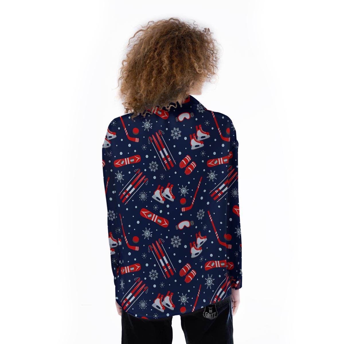 Skiing Equipment Print Pattern Women's Long Sleeve Shirts-grizzshop