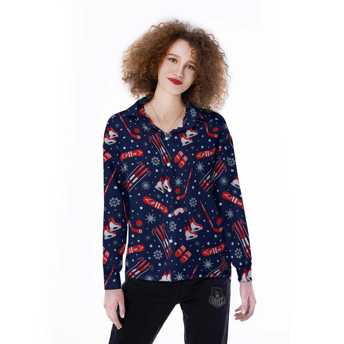 Skiing Equipment Print Pattern Women's Long Sleeve Shirts-grizzshop