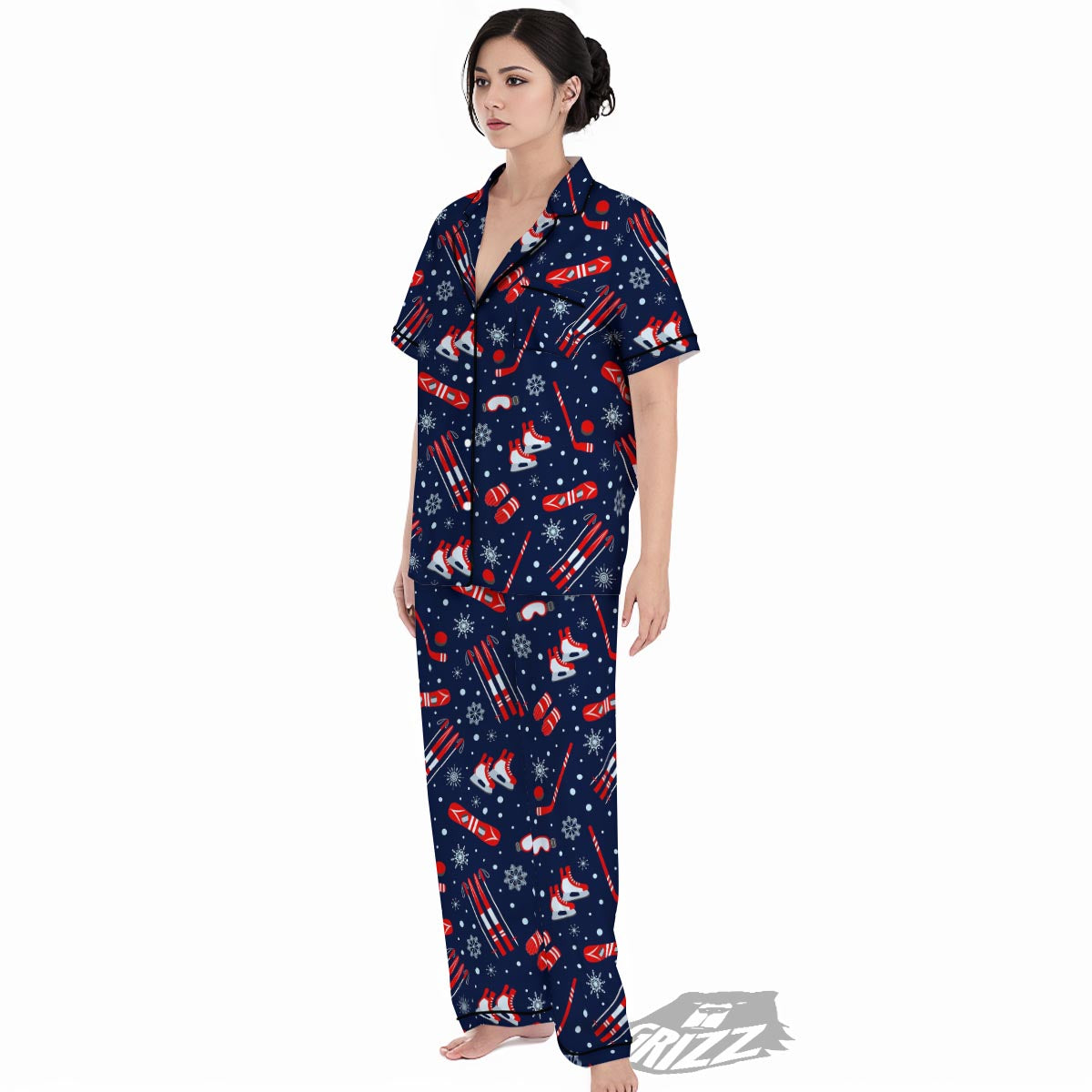 Skiing Equipment Print Pattern Women's Pajamas Set-grizzshop