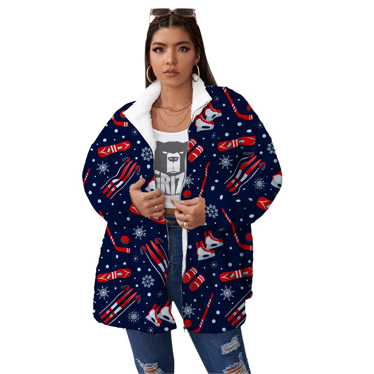 Skiing Equipment Print Pattern Women's Sherpa Jacket-grizzshop