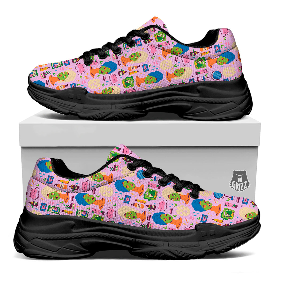 Skin Care And Face Care Print Pattern Black Chunky Shoes-grizzshop