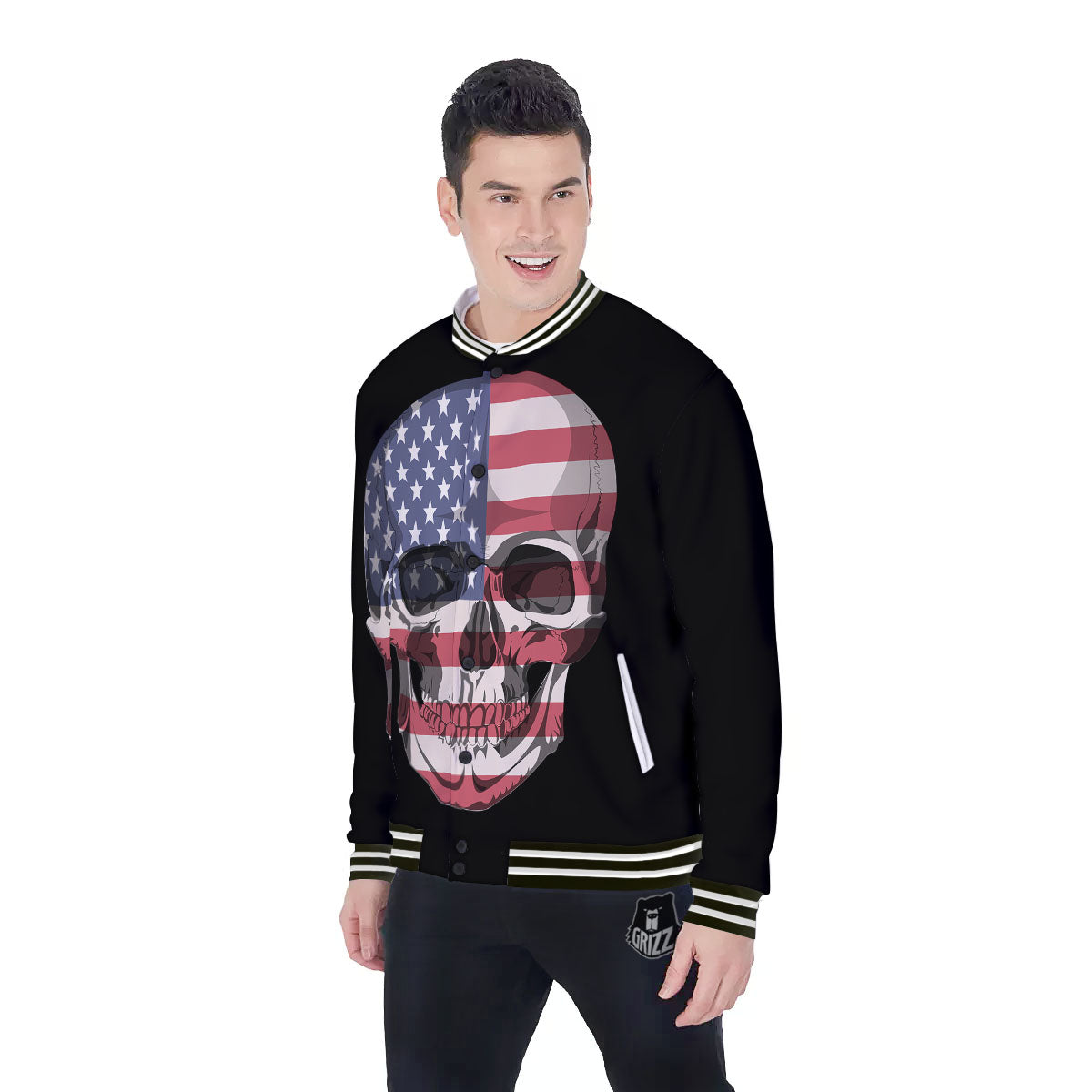 Skull American Flag Print Baseball Jacket-grizzshop