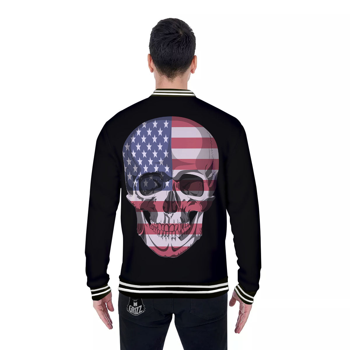 Skull American Flag Print Baseball Jacket-grizzshop
