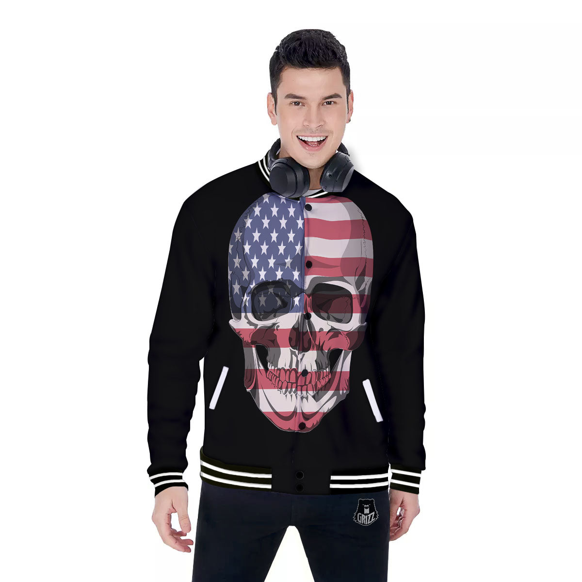 Skull American Flag Print Baseball Jacket-grizzshop