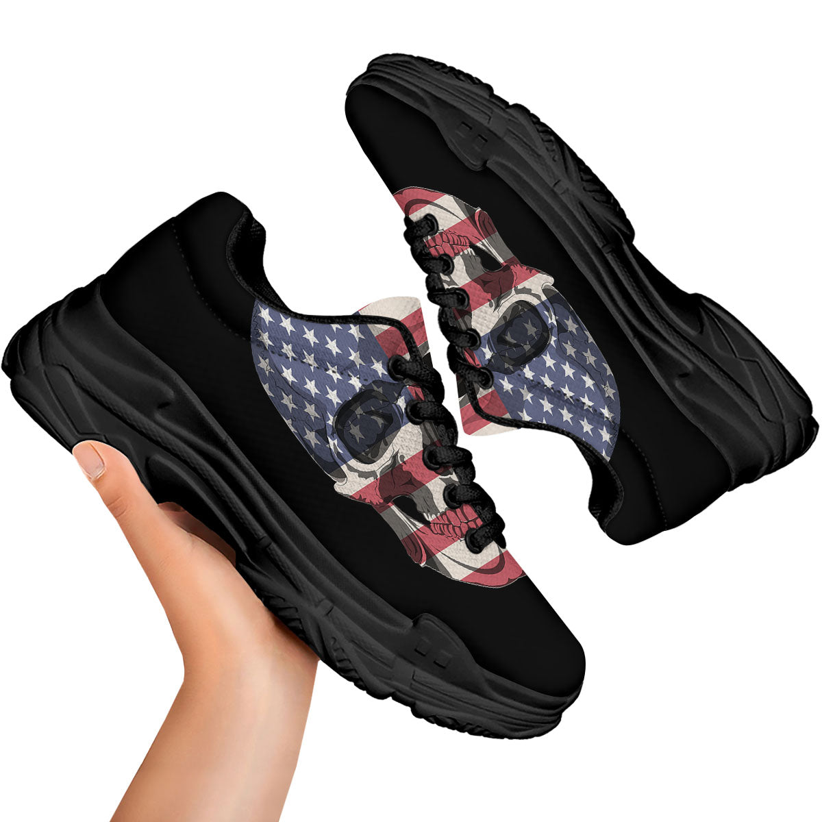 Skull American Flag Print Black Chunky Shoes-grizzshop