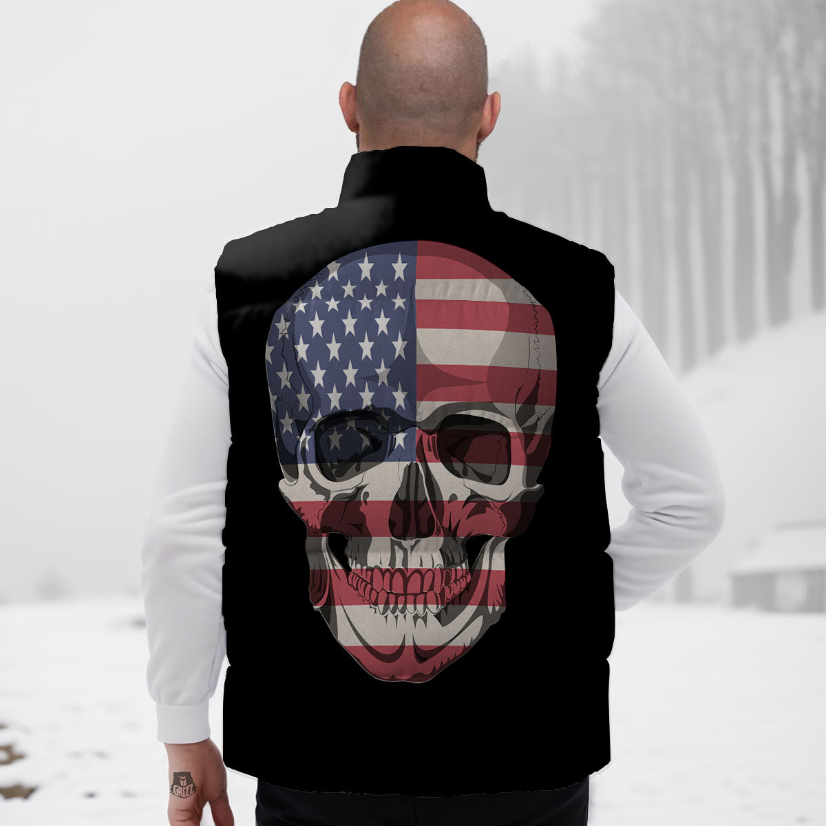Skull American Flag Print Down Vest