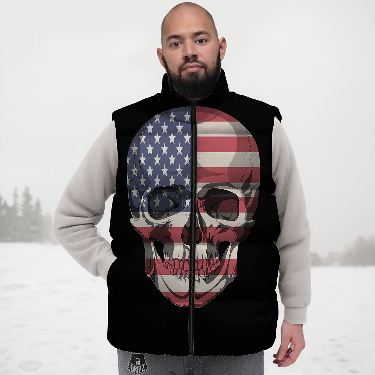 Skull American Flag Print Down Vest