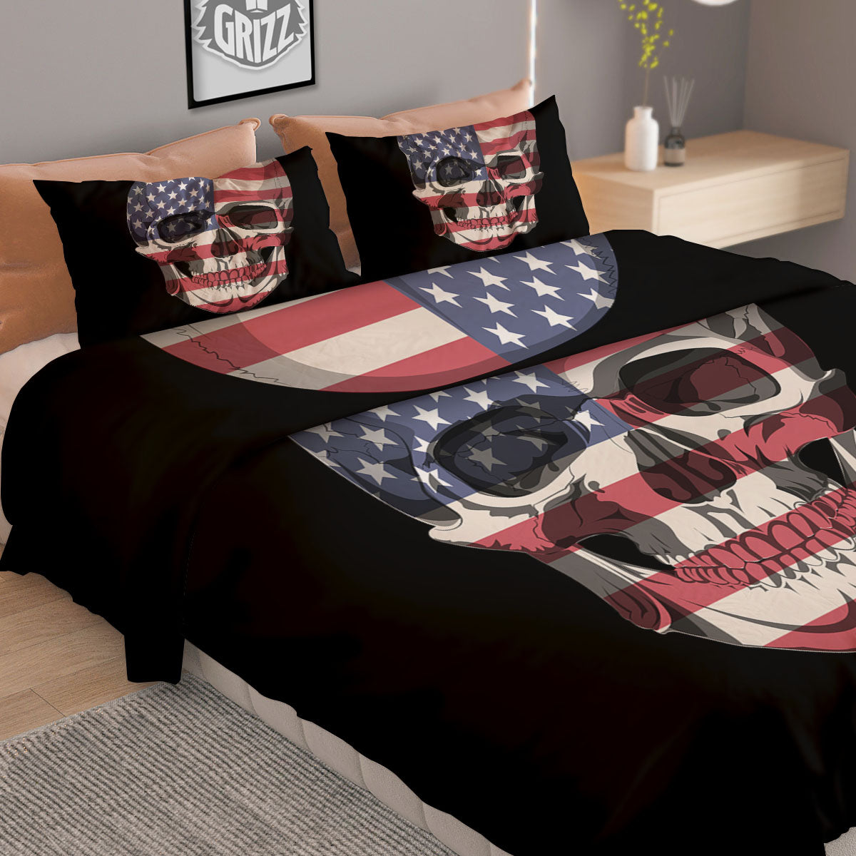 Skull American Flag Print Duvet Cover Bedding Set