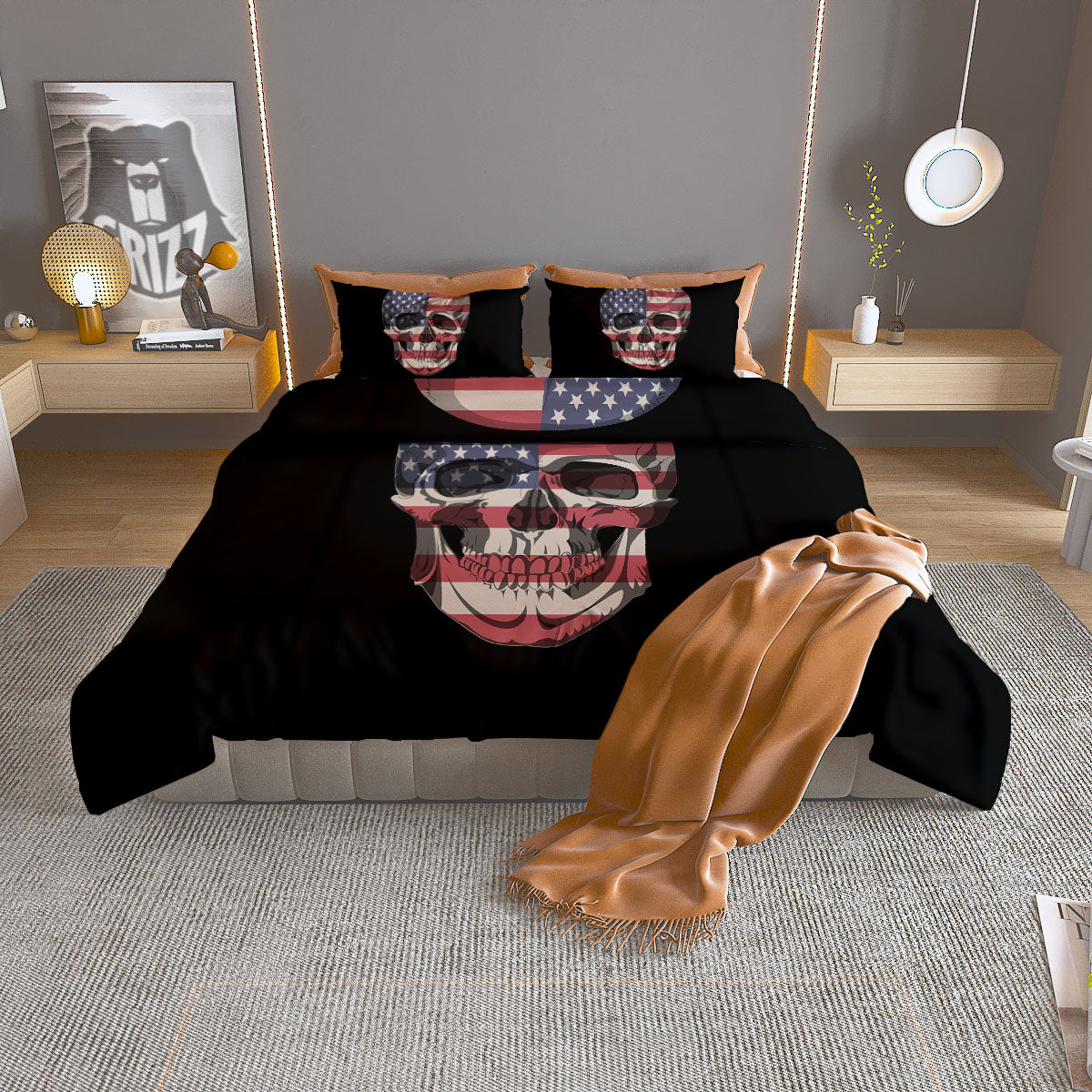 Skull American Flag Print Duvet Cover Bedding Set