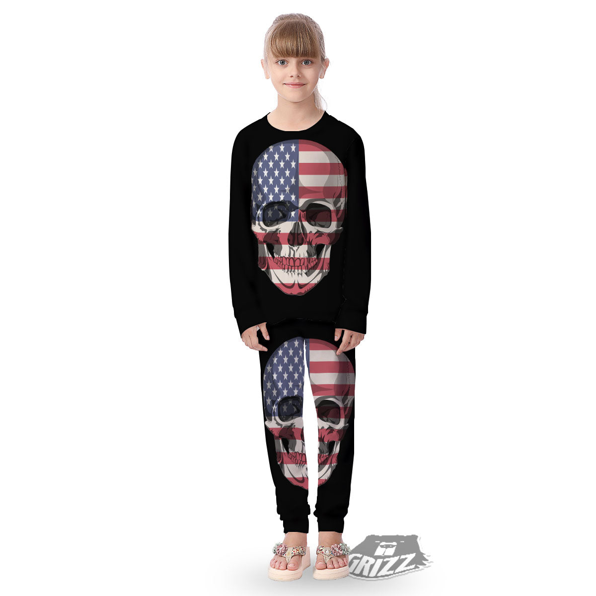 Skull American Flag Print Kid's Pajamas-grizzshop